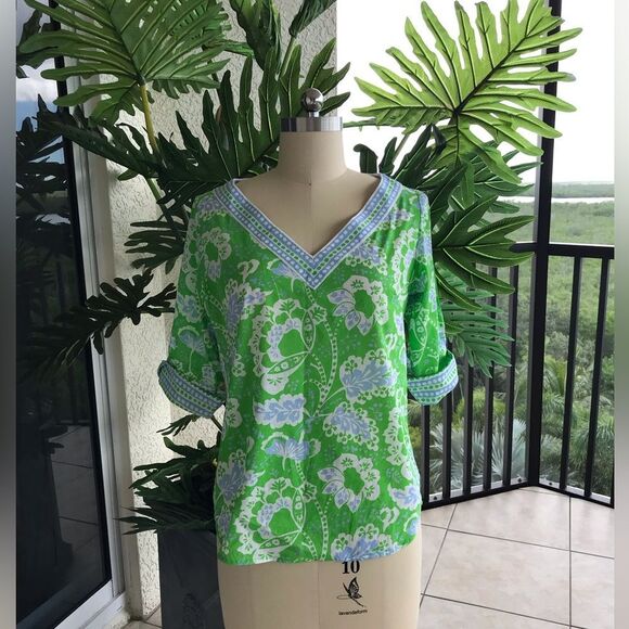 Gretchen Scott Designs Green and Blue Floral V-Neck Blouse - Picture 1 of 6